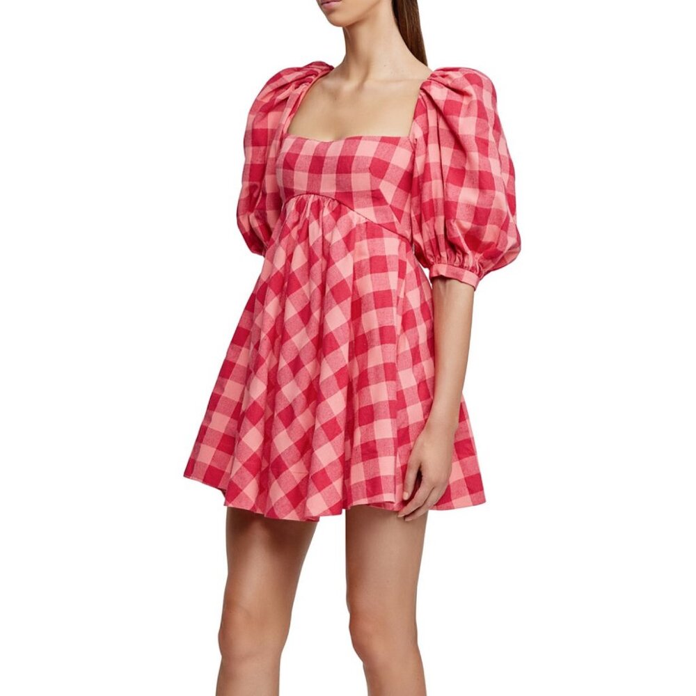 Acler Perry Gingham Balloon Sleeve Mini Dress in Red